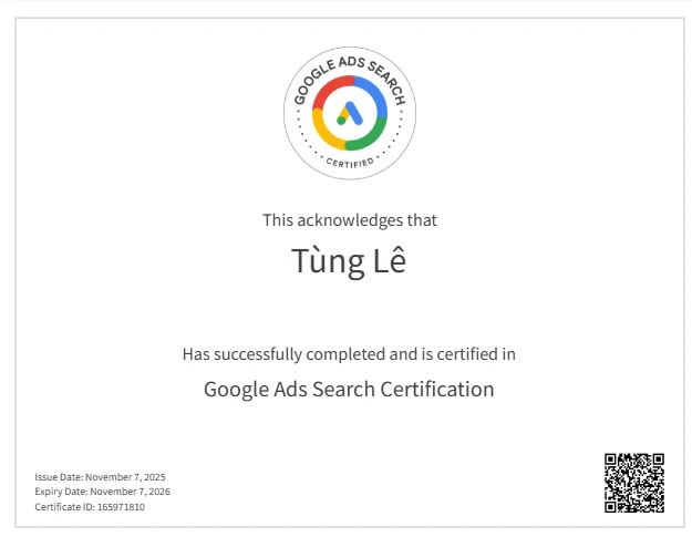Ảnh chứng chỉ Google Ads Search của Tùng Lê