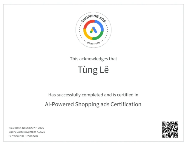 Ảnh chứng chỉ AI-Powered Shopping Ads của Tùng Lê