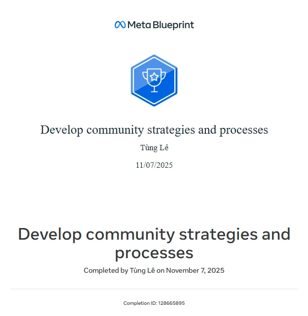 Ảnh chứng chỉ Meta Community Strategies của Tùng Lê
