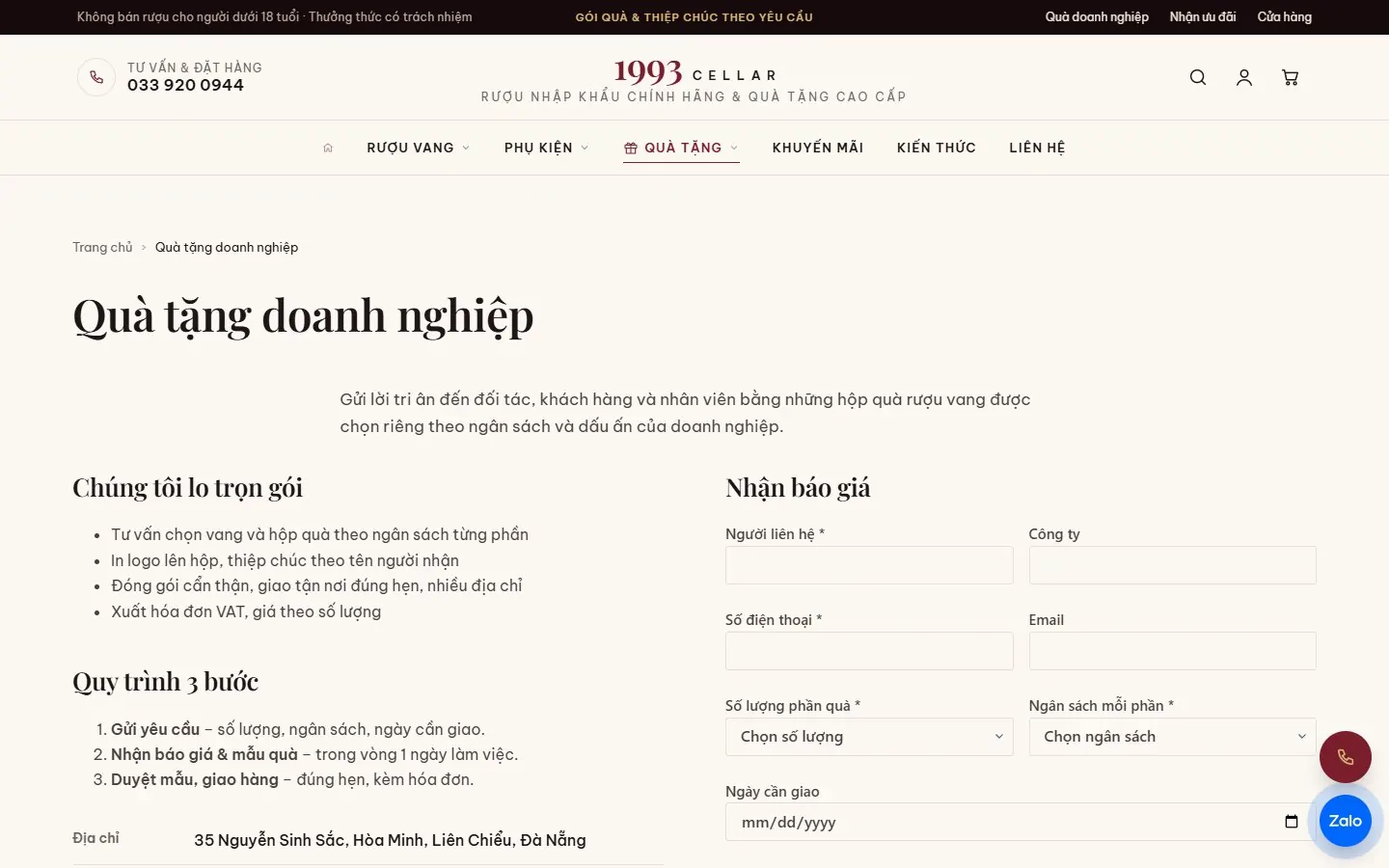 1993 Cellar: Quà tặng doanh nghiệp và form nhận báo giá
