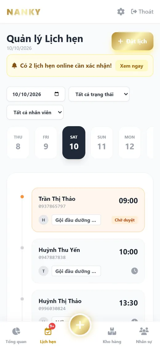 Nanky Spa Manager trên điện thoại: Lịch hẹn