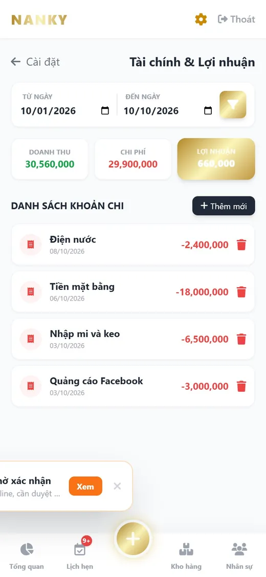 Nanky Spa Manager trên điện thoại: Thu chi