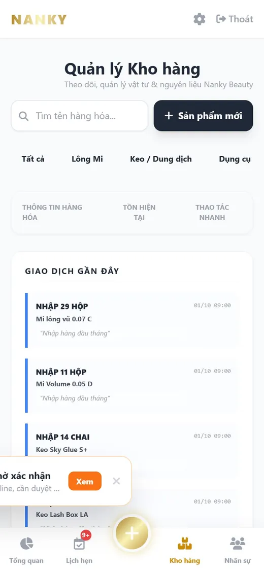Nanky Spa Manager trên điện thoại: Kho