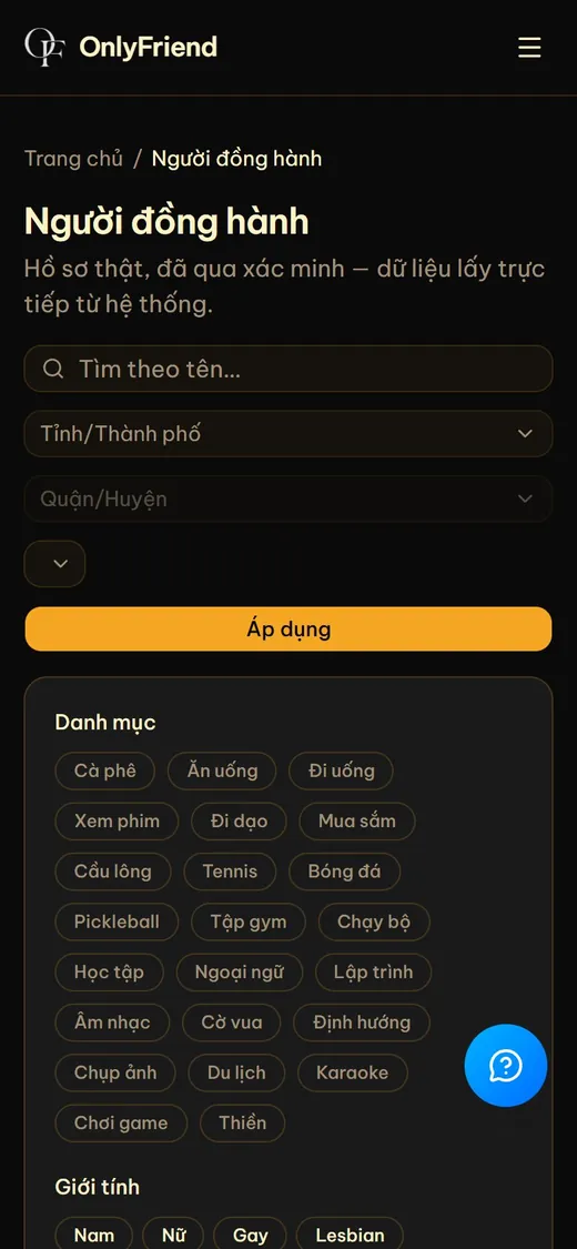 OnlyFriend trên điện thoại: Bộ lọc tìm kiếm