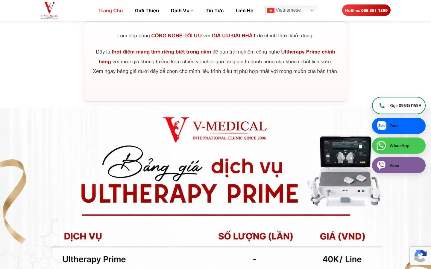 V-Medical Clinic: Bảng giá dịch vụ Ultherapy Prime